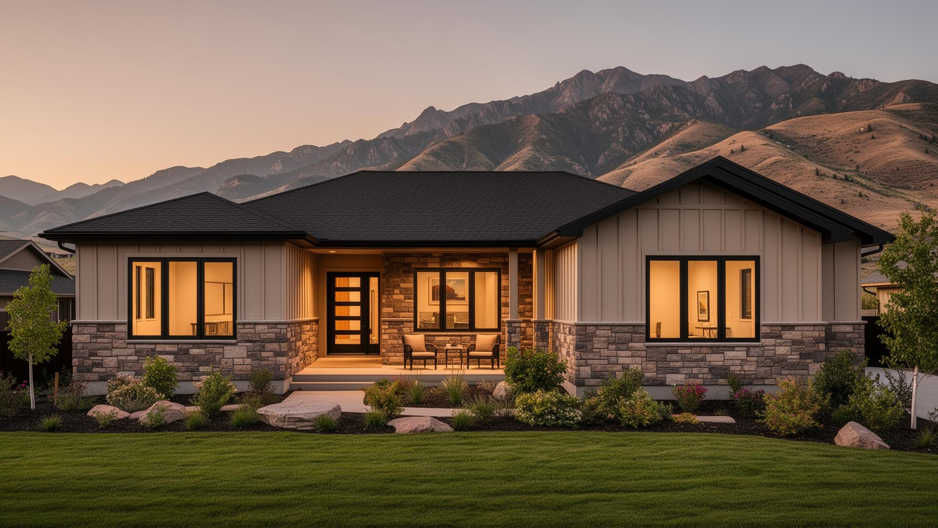 Utah custom home at dusk against the Wasatch mountains